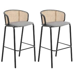 Ervilla Modern 29.5 in Wicker Bar Stool with Fabric Seat and Black Powder Coated Metal Frame, Set of 2 (Grey)