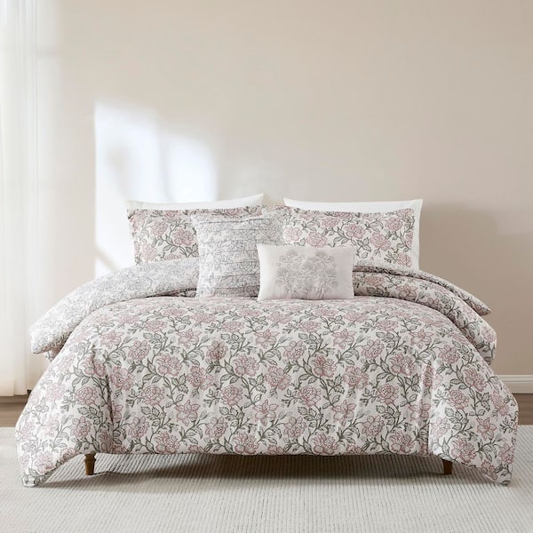 Zara Floral Block Reversible 5-Piece Misty Rose Microfiber King/Cal King Comforter Set