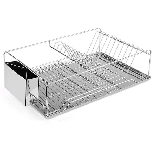 Dish Drying Rack Stainless Steel Dish Rack with Drainboard Cutlery Holder in Silver