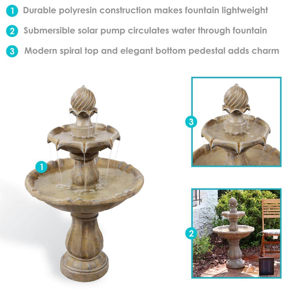 Earth Finish Solar Powered 2-Tier Resin Garden Fountain
