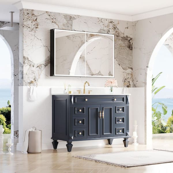 Combo 48 in. Single Sink Solid Wood Freestanding Navy Bath Vanity with Carrera White Quartz Top Assembled, with Cabinet