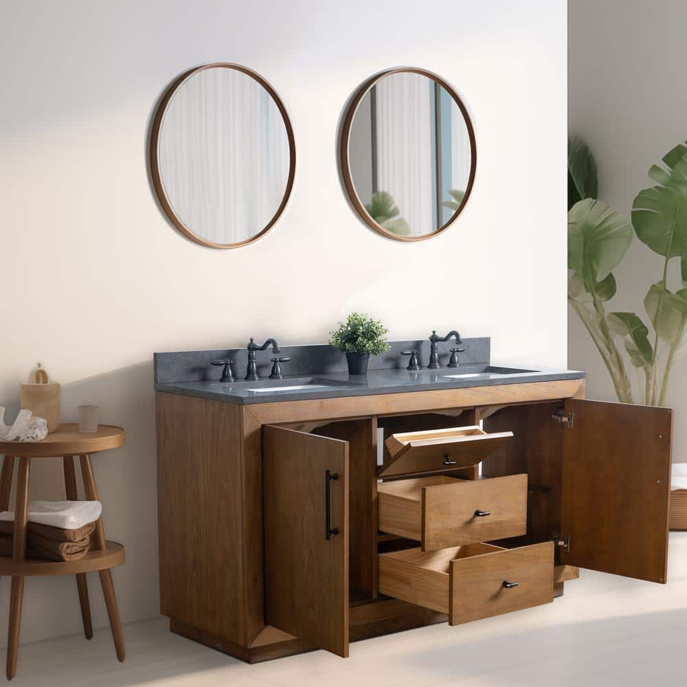 60" Tan Double Sink Bathroom Vanity with Black Limestone Top