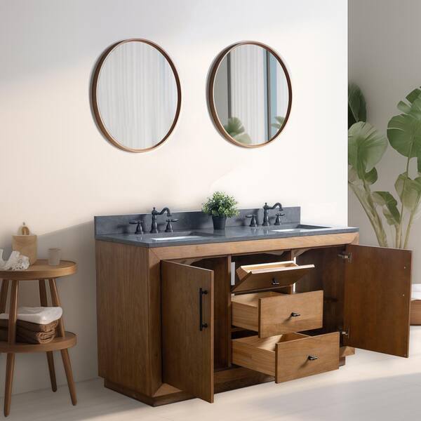 Vanity Art Teamson Kids 60 in. W x 21.5 in. D x 34 in. H Double Sink Bathroom Vanity in Tan with Black Limestone Top
