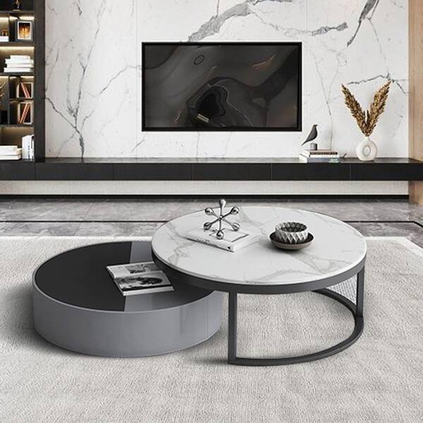 JASIWAY 66.93 in. White Round Sintered Stone Top Coffee Table
