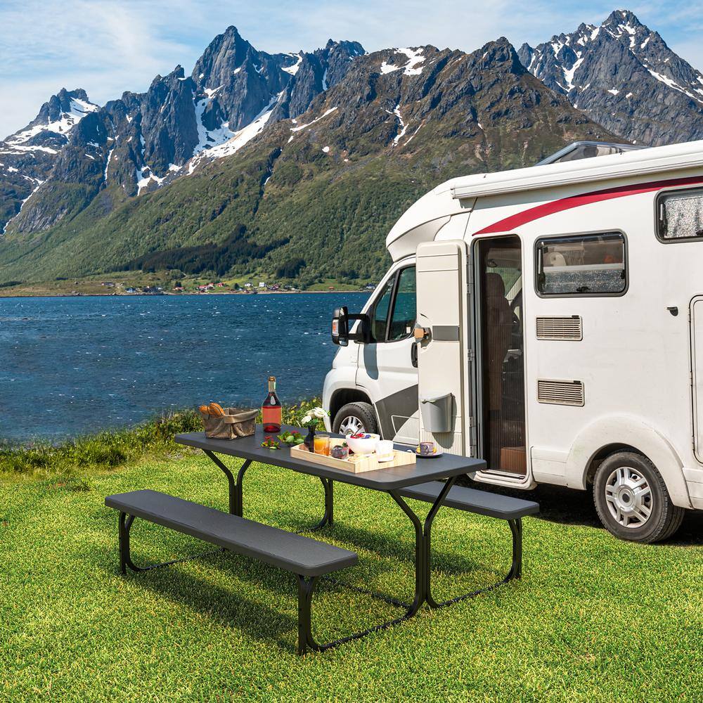 6 ft Black HDPE Outdoor Picnic Table with Stainless Steel Legs