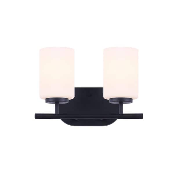 Home Decorators Collection Tatum 2-Light Matte Black Vanity Light with White Opal Glass Shades