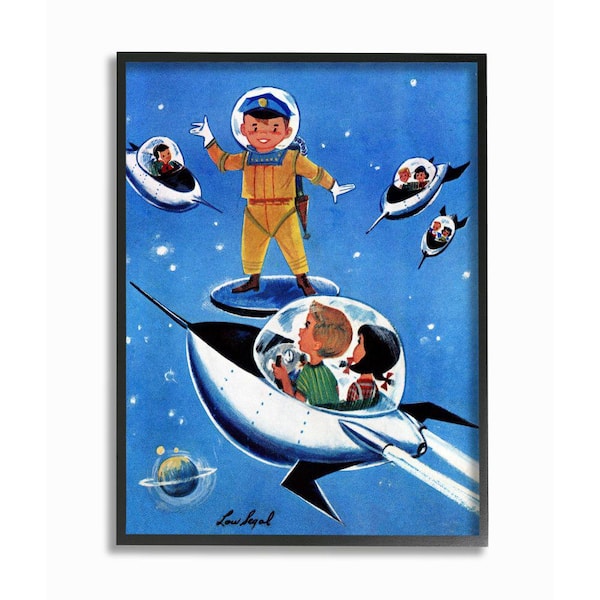 Stupell Industries "Space Adventure Cartoon Blue Yellow Kids Nursery Painting "Saturday Evening PostFramed Fantasy Wall Art 14 in. x 11 in.