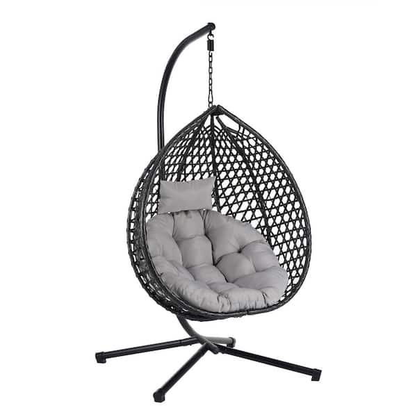 Black Metal Patio Swing with Gray Cushion, Hanging Egg Chair, Freestanding Hanging Chair for Indoor and Outdoor