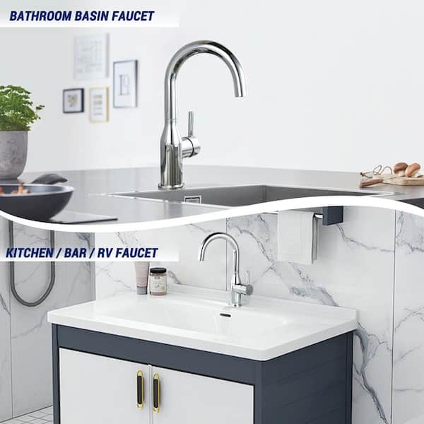 Deck Mount Single Handle Single Hole Bar Faucet with 360° Swivel Spout and Supply Lines in Polished Chrome