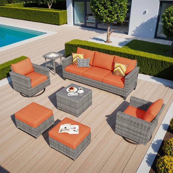 Camden 7-Piece Gray Wicker Patio Conversation Set Outdoor Patio Furniture with Orange Red Cushion, Swivel Chair & Table
