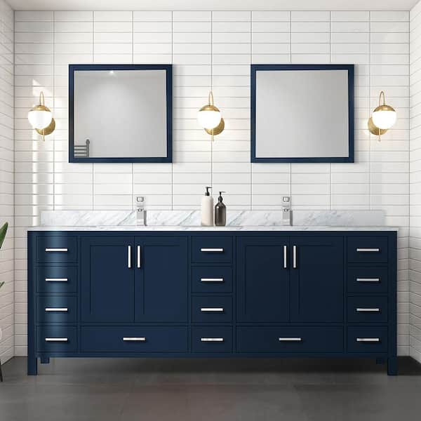 Lexora Jacques 84 in. W x 22 in. D Navy Blue Double Freestanding Bath Vanity with Carrara Marble Top, Faucet, and Mirrors