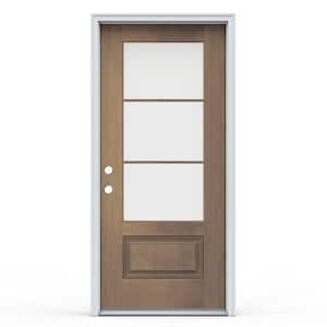 36 in. x 80 in. 1-Panel Right Hand Inswing 3-Lite Clear Warm Toffee Fiberglass Prehung Front Door with Brickmould