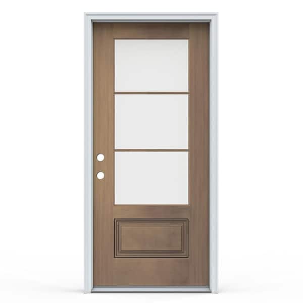 JELD-WEN 36 in. x 80 in. 1-Panel Right Hand Inswing 3-Lite Clear Warm Toffee Fiberglass Prehung Front Door with Brickmould