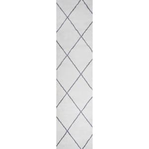 Cole White/Gray 2 ft. x 10 ft. Minimalist Diamond Trellis Area Rug