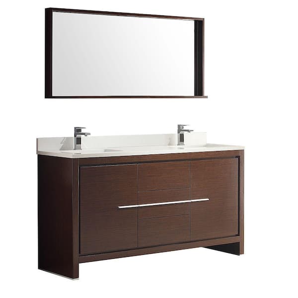 Fresca Allier 60 in. Double Vanity in Wenge Brown with Glass Stone Vanity Top in White with White Basins and Mirror