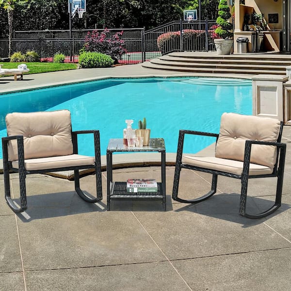 Gtnali Outdoor 3 Pieces Rattan Rocking Chair Set With Beige Cushions