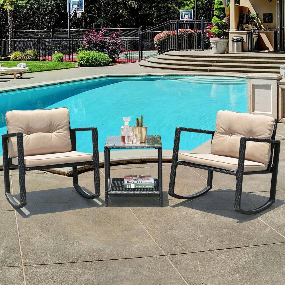 Outdoor 3 Pieces Rattan Rocking Chair Set With Beige Cushions