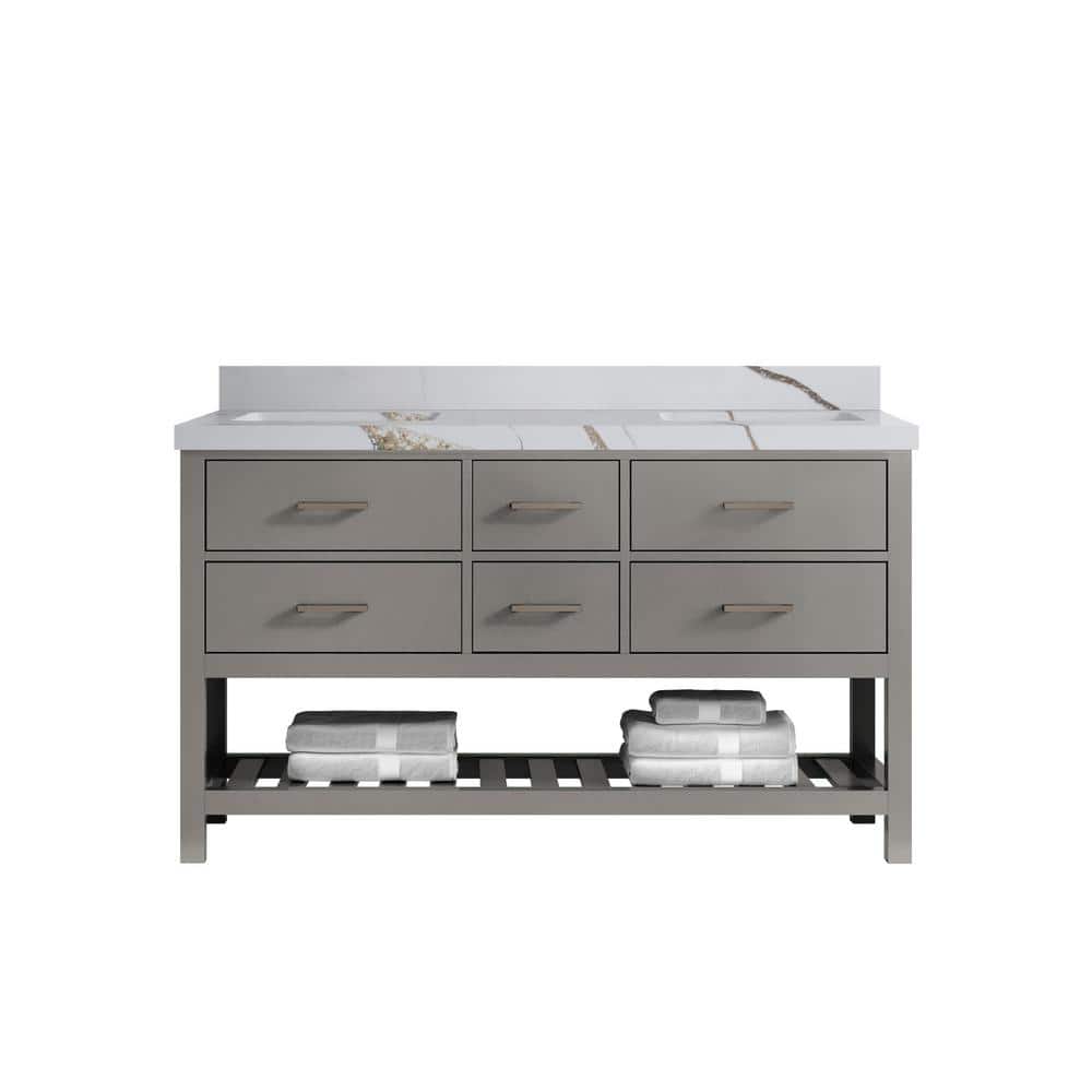 Parker 60 in. Double Sink Freestanding Elephant Gray Bath Vanity with Calacatta Gold Qt. Top Unassembled price history on PriceWatchPro