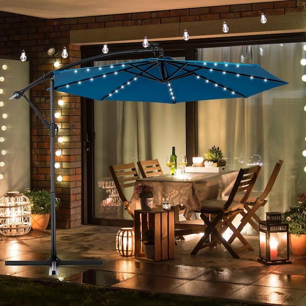 10 patio hanging umbrella with solar led HOMEFUN 10 ft. Solar LED Outdoor Market Umbrella Hanging Cantilever Patio Umbrella in Dark Blue with Adustmentable 40-Lights