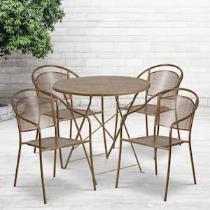 5-Piece Metal Outdoor Dining Set 30 in. Round Outdoor Steel Folding Patio Table Set with 4 Round Back Chairs in Gold