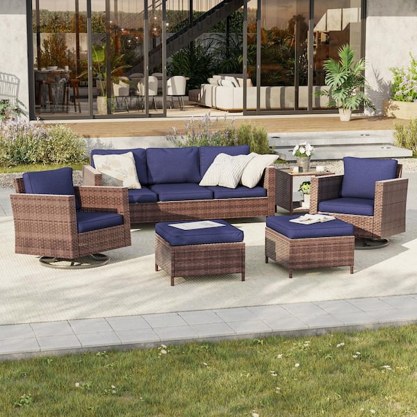 6-Piece Patio Conversation Set Brown Wicker with Swivel Rocking Chair and Side Table, Navy Blue