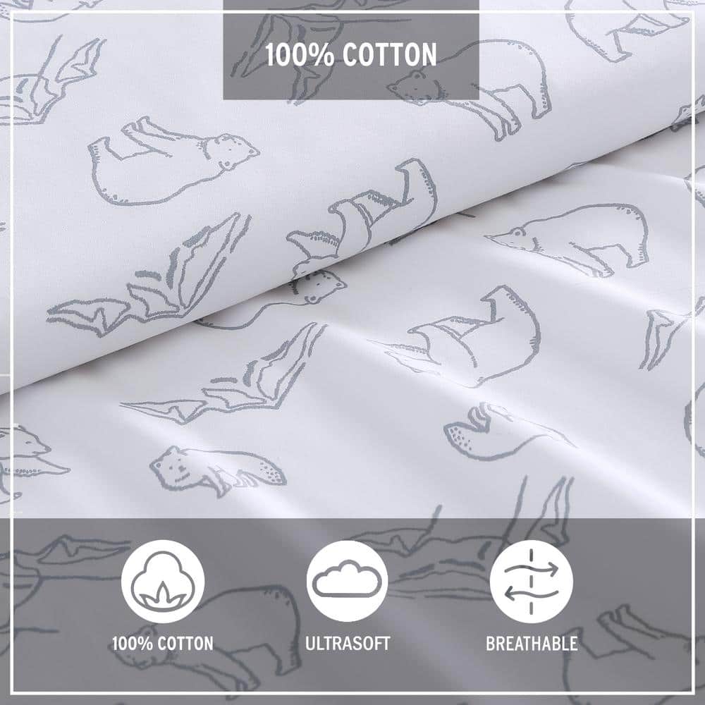 Twin Gray Cotton Percale Sheet Set with Bear Print