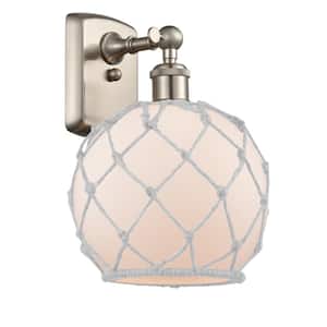 Farmhouse Rope 8 in. 1-Light Brushed Satin Nickel Wall Sconce with White Glass with White Rope Glass and Rope Shade