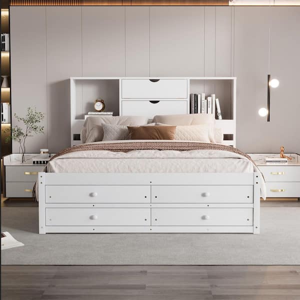 Harper & Bright Designs White Wood Frame Queen Size Platform Bed