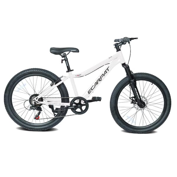 24 Inch White Youth Mountain Bike with Dual Disc Brakes, 7 Speed, Front Suspension, Durable Steel Frame & Alloy Rims