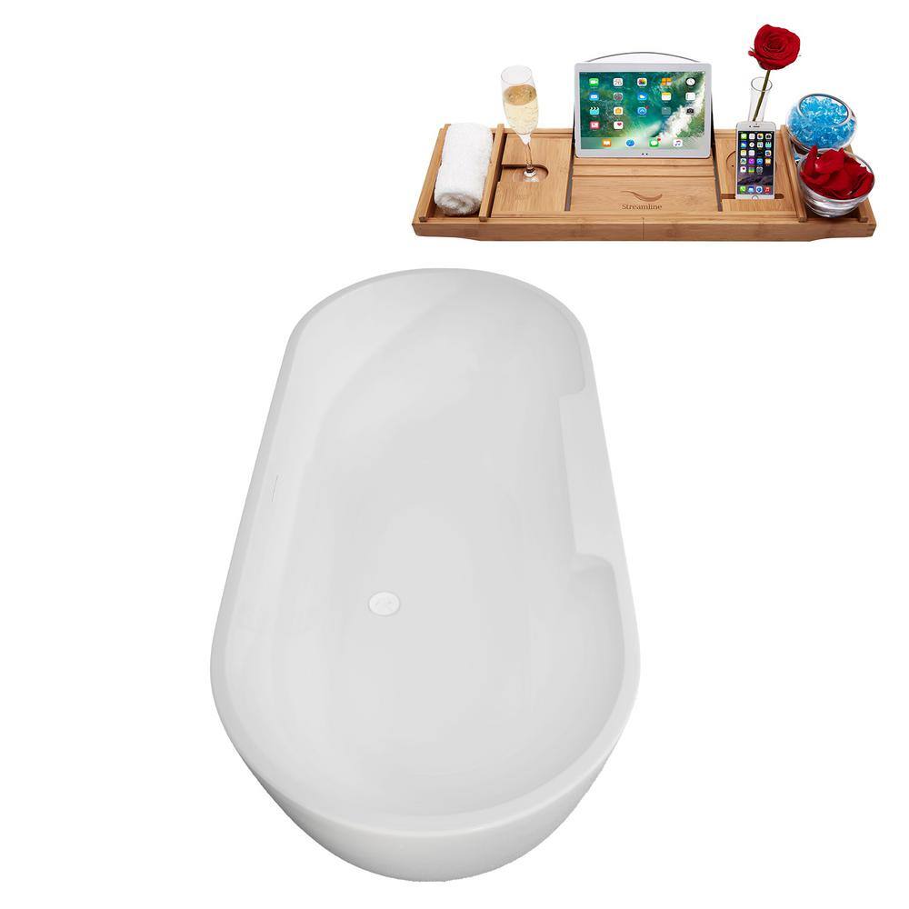 63" Glossy White Acrylic Freestanding Soaking Bathtub with Bamboo Tray