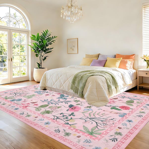Pink 5 X 7 ft. Modern Floral Washable Low Pile Area Rug, Non-Slip Indoor Carpet for Living Room, Bedroom, Dining Room