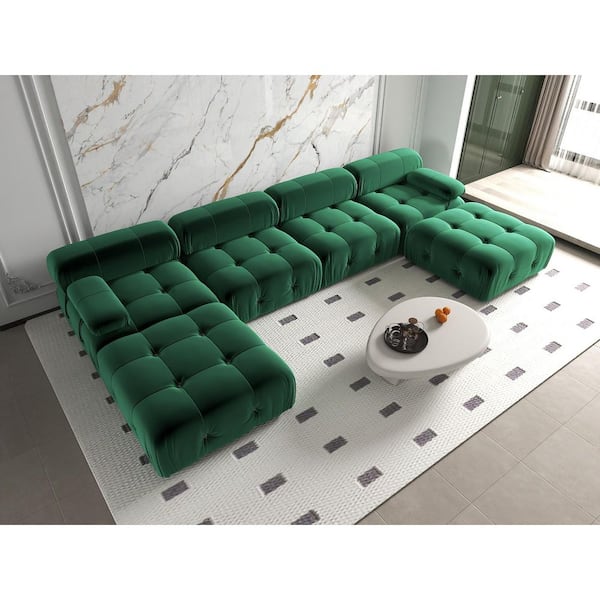 138.6 in. W Square Arm Velvet U Shaped Modular Free Combination Sofa with Ottoman in Green
