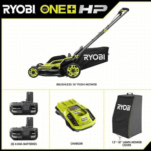 ONE+ HP 18V Brushless 16 in. Cordless Walk Behind Push Mower w/ UV Resistant Cover, (2) 4.0 Ah Batteries & (1) Charger