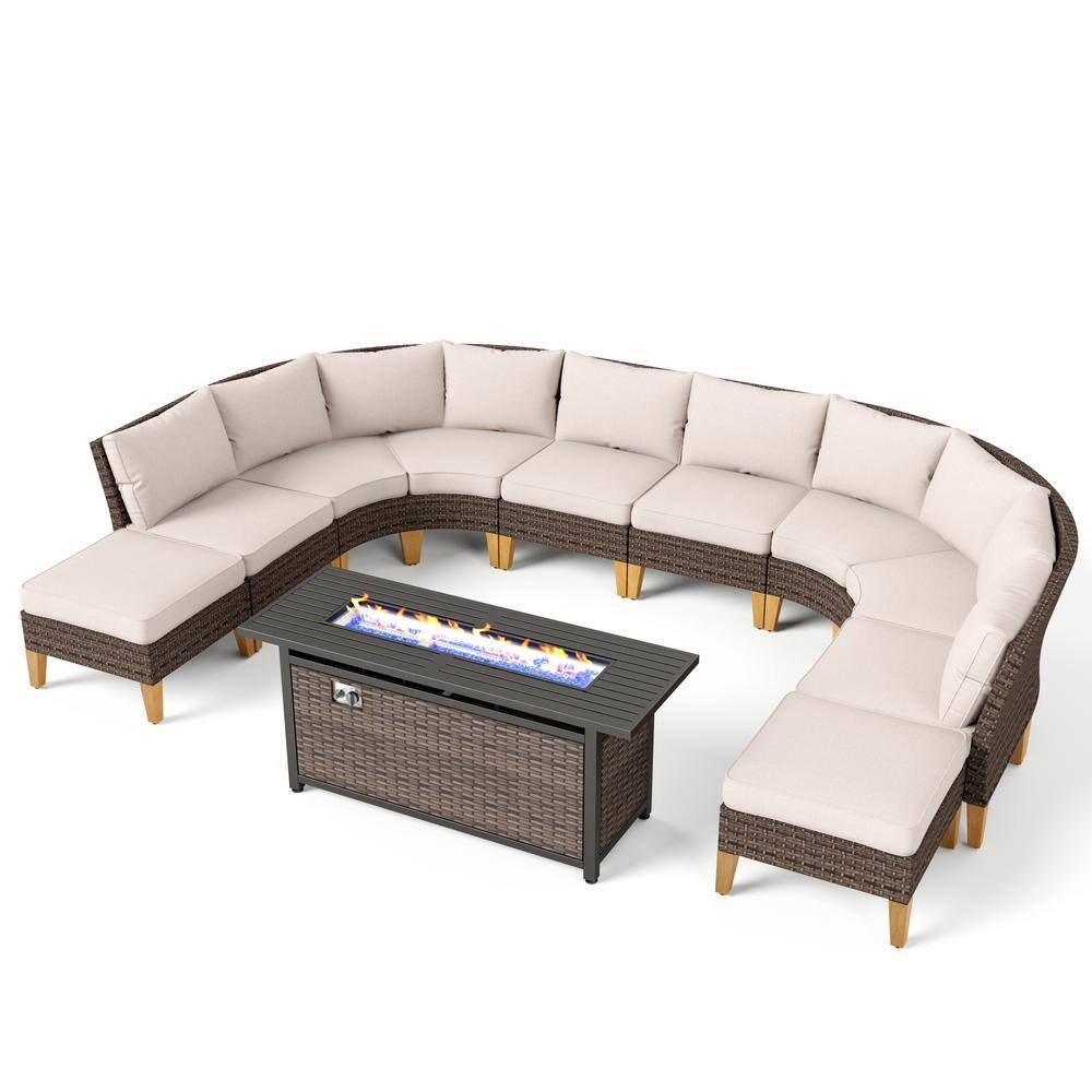 PHI VILLA Brown Rattan Wicker 10Seat 11Piece Steel Outdoor Fire Pit