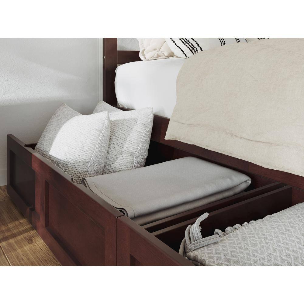 Walnut Full Platform Bed with Storage Drawers and Slatted Headboard