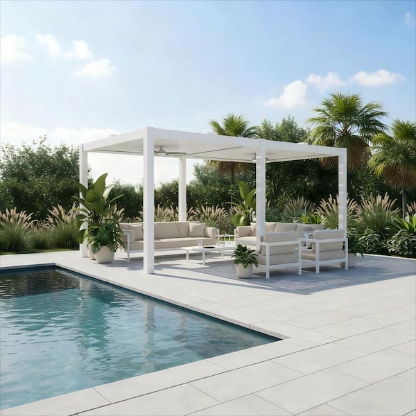 10 ft. x 25 ft. Ivory Aluminum Patio Pergola with Built-In Solar Panel, Ceiling Fan and Round LED Light