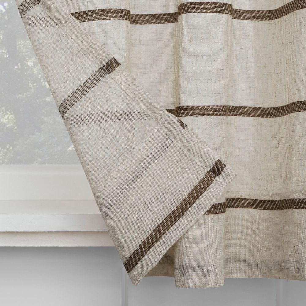 Mocha Linen Striped Sheer Cafe Kitchen Curtains, 52" x 36"