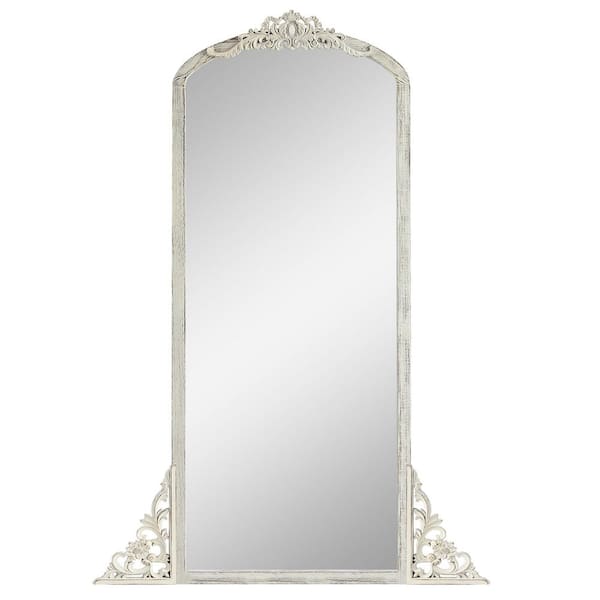 Unbranded White 28 in. x 67 in. Arch Solid Wood Full Length Mirror, Baroque Style Carved Right Angle Micro Weathered DressingRoom