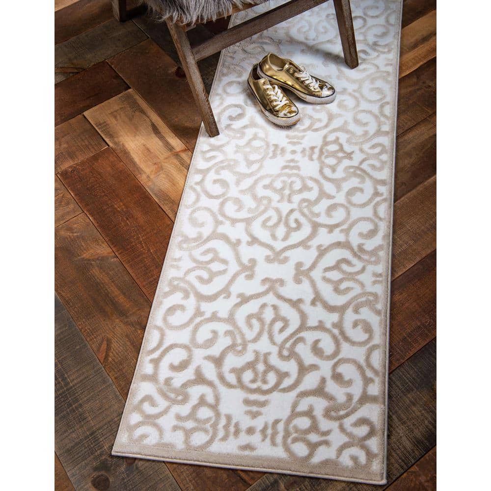 Snow White and Beige Floral Synthetic Runner Rug