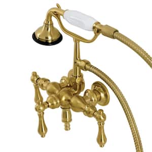 Aqua Vintage 3-Handle Wall-Mount Clawfoot Tub Faucets with Hand Shower in Brushed Brass