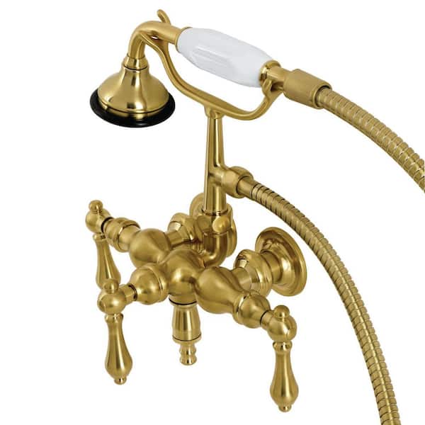 Kingston Brass Aqua Vintage 3-Handle Wall-Mount Clawfoot Tub Faucets with Hand Shower in Brushed Brass