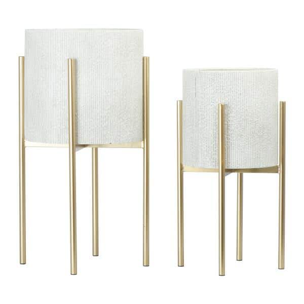 White and Gold Embossed Metal Planters with Stands, Set of 2