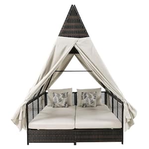 Wicker Outdoor Day Bed with Adjustable Backrest, Outdoor Double Sun Lounger with Curtains, 2-Pillows, Beige Cushions
