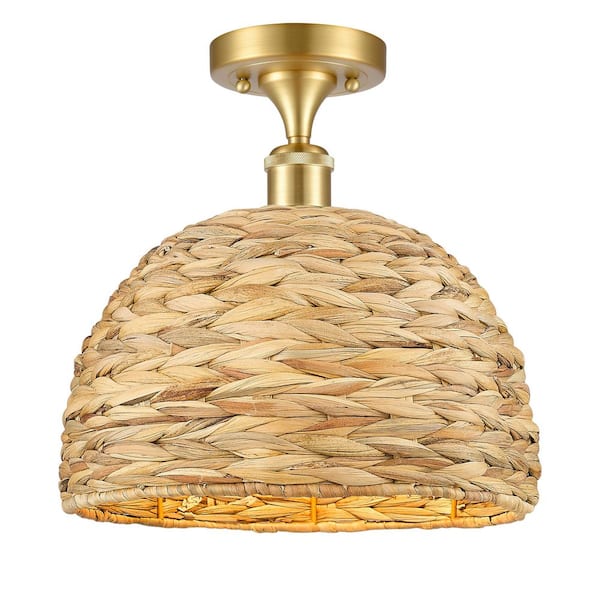Woven Rattan 12 in. 1-Light Satin Gold Farmhouse Semi-Flush Mount with Shade