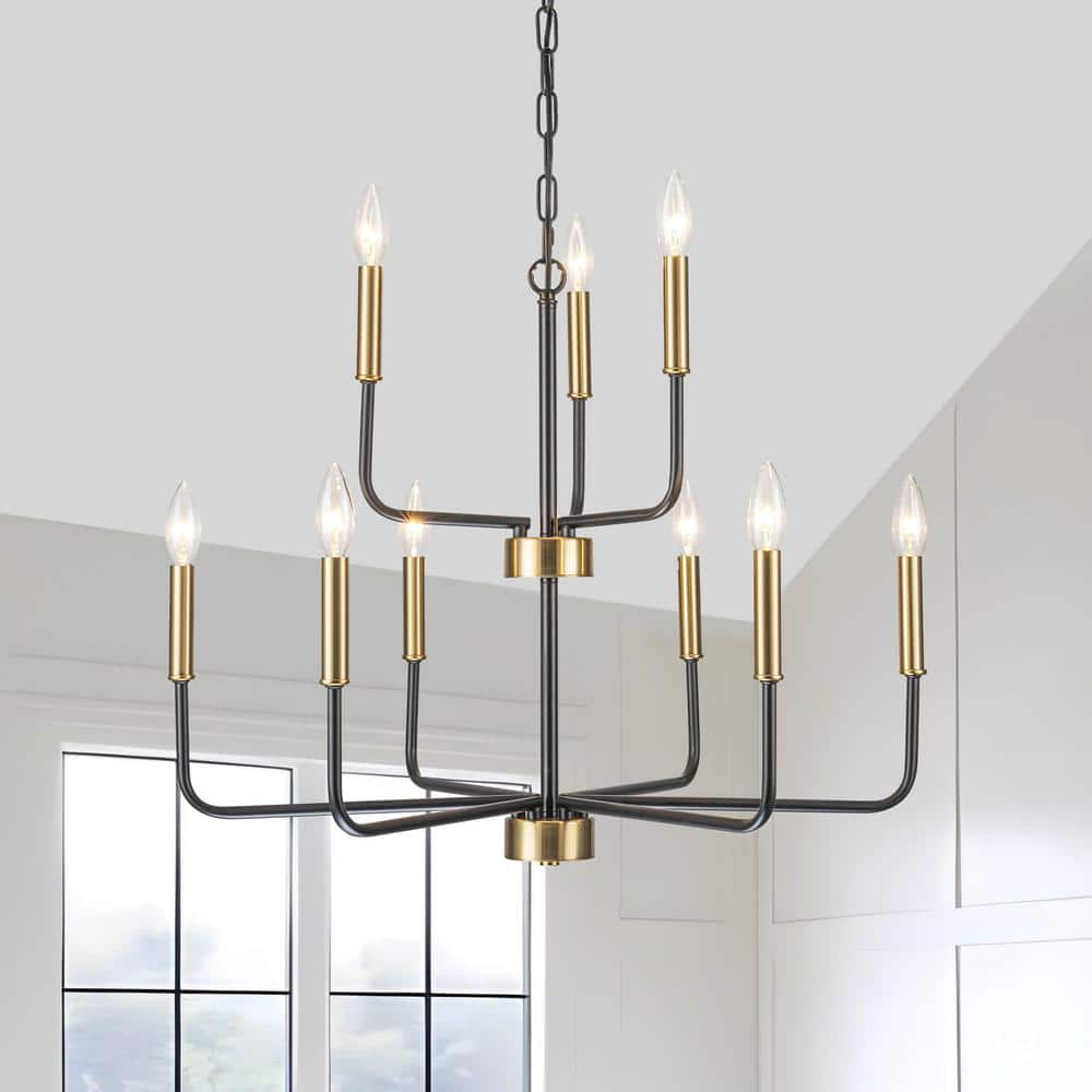 9 Lights Industrial Black and Gold 2-Tier Height Adjustable Candle Chandeli