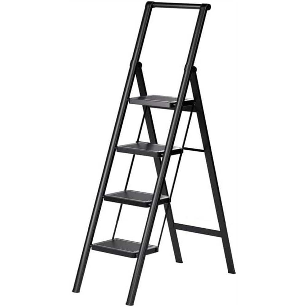4 Step Ladder Folding Iron Step Stool Stepladders Use Space Saving (Black)