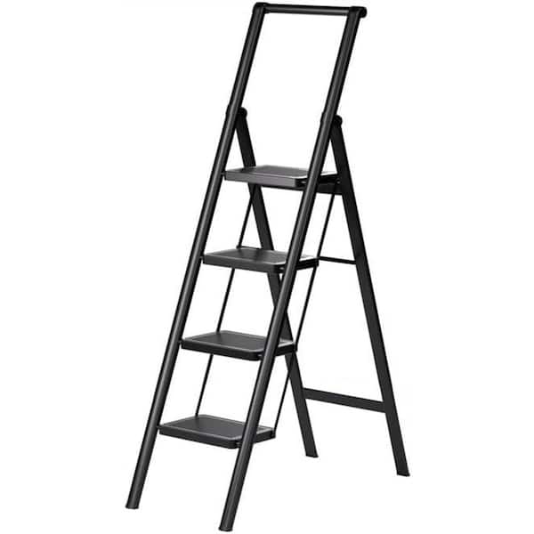 Unbranded 4 Step Ladder Folding Iron Step Stool Stepladders Use Space Saving (Black)