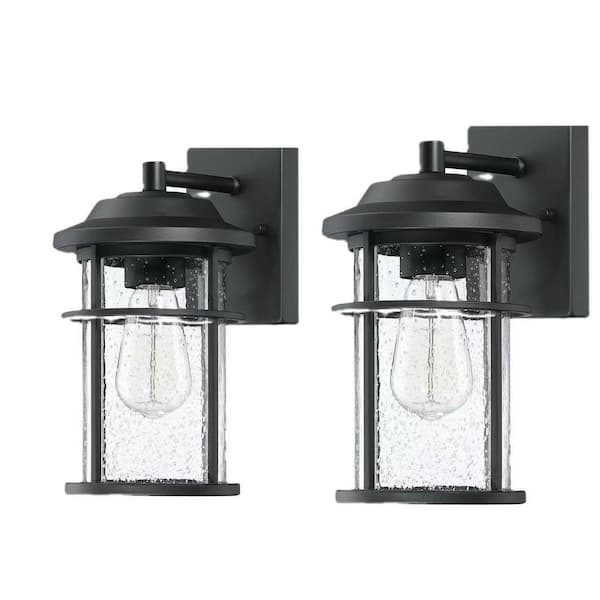Hukoro 12 in. 1-Light Matte Black Outdoor Wall Lantern Sconce with Seeded Glass Shaded (2-Pack)