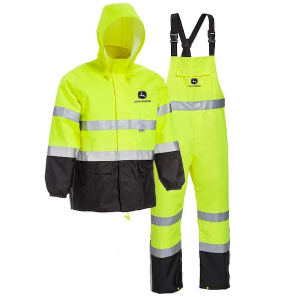 John Deere Men's X-Large High Vis Yellow Polyurethane-Coated Polyester Waterproof ANSI Class III 2-Piece Rain Suit