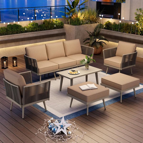 Gray Wicker Rattan 7 Seat 8-Piece Steel Outdoor Patio Conversation Sectional Set with Beige Cushion,Coffee Table,Ottoman